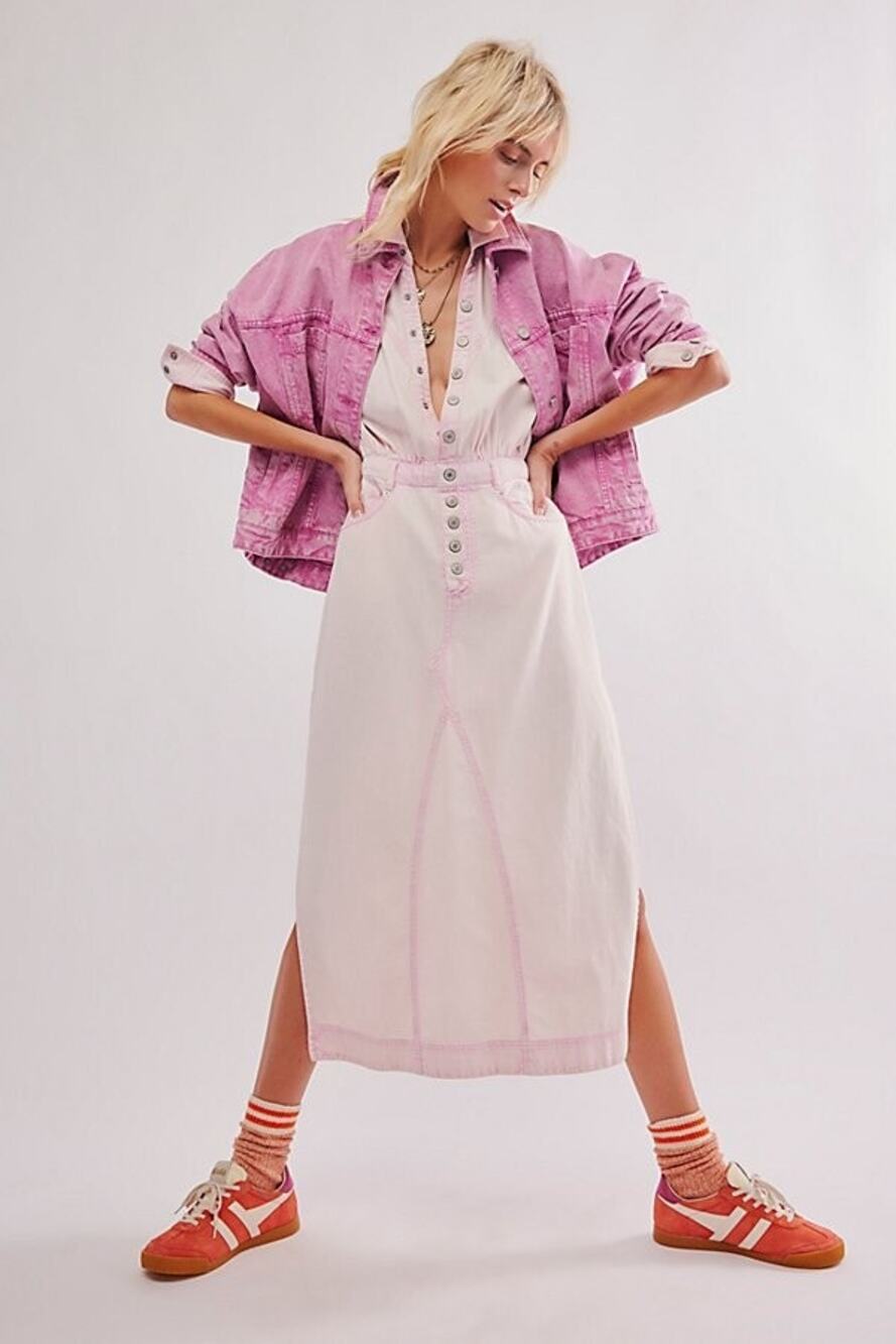 Free People Mad Love pink cotton denim midi dress size large
